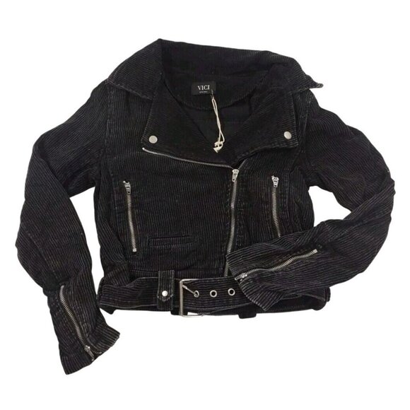 NWT VICI X FATE Womens Black Corduroy Belted Moto Jacket Sz XS Utility Y2K Biker - Picture 2 of 10